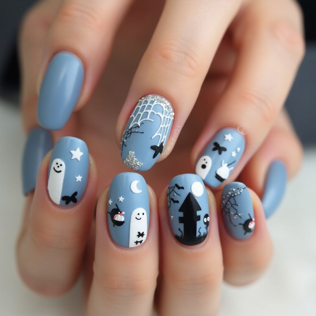 Baby Blue Halloween Nail Design