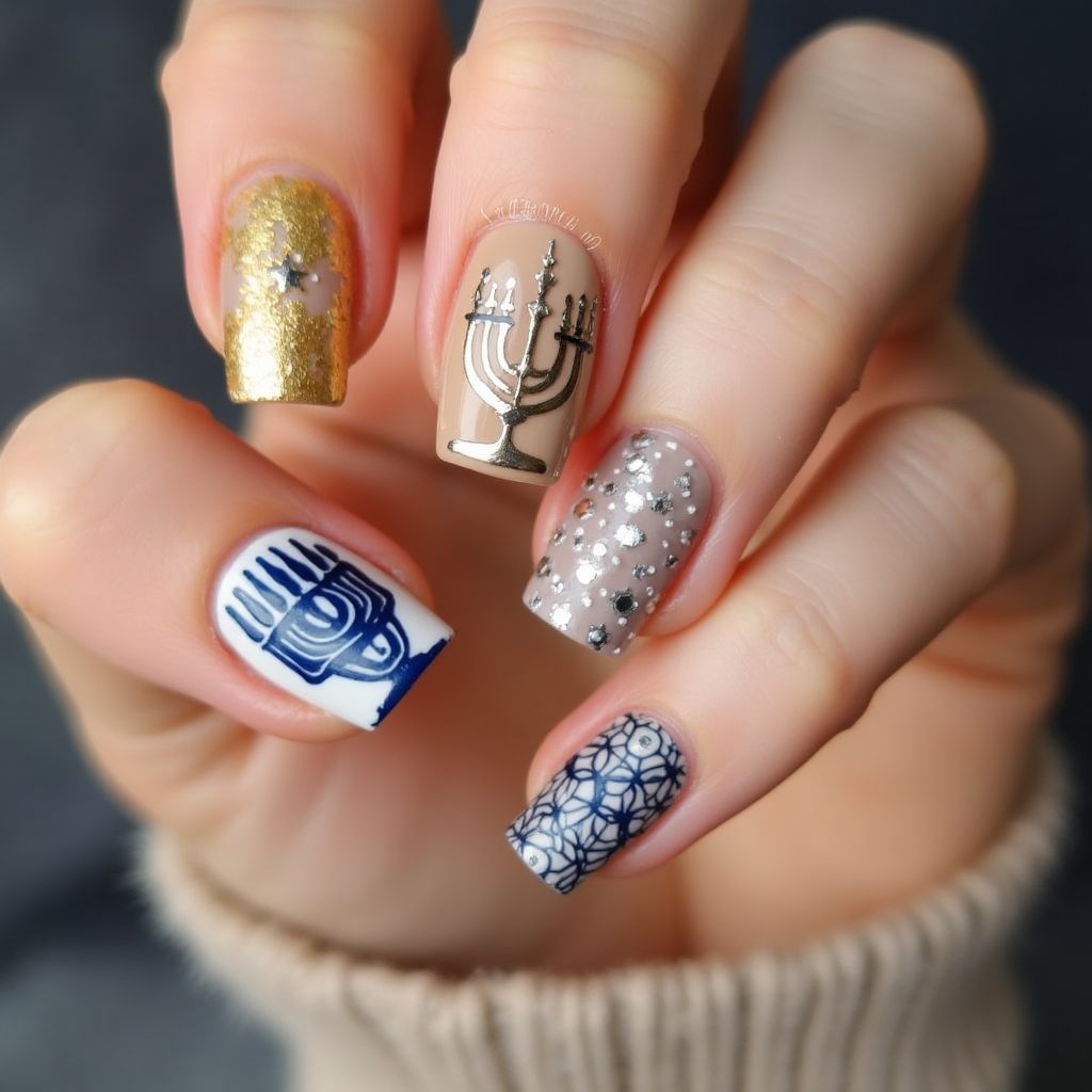 Tan Hanukkah Nail Design