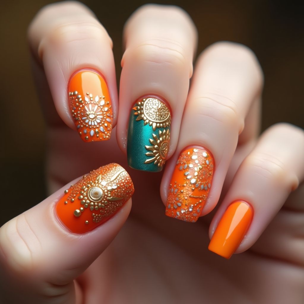 Orange Diwali Nail Design
