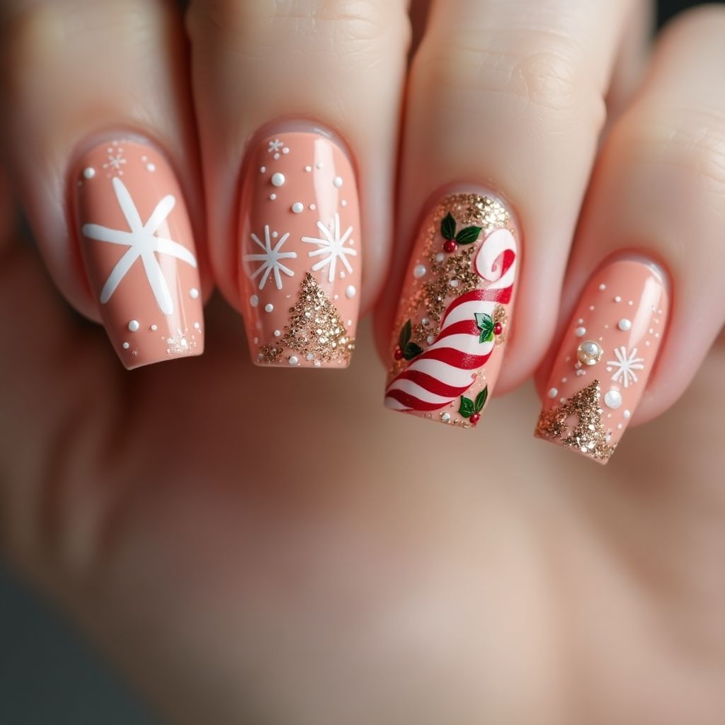 Peach Christmas Nail Design