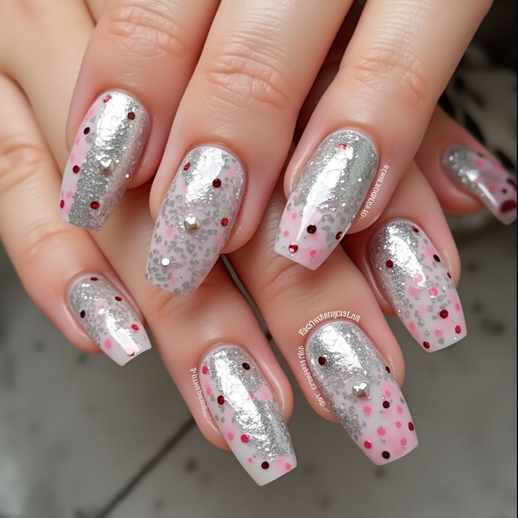 Silver Valentine's Day Nail Design
