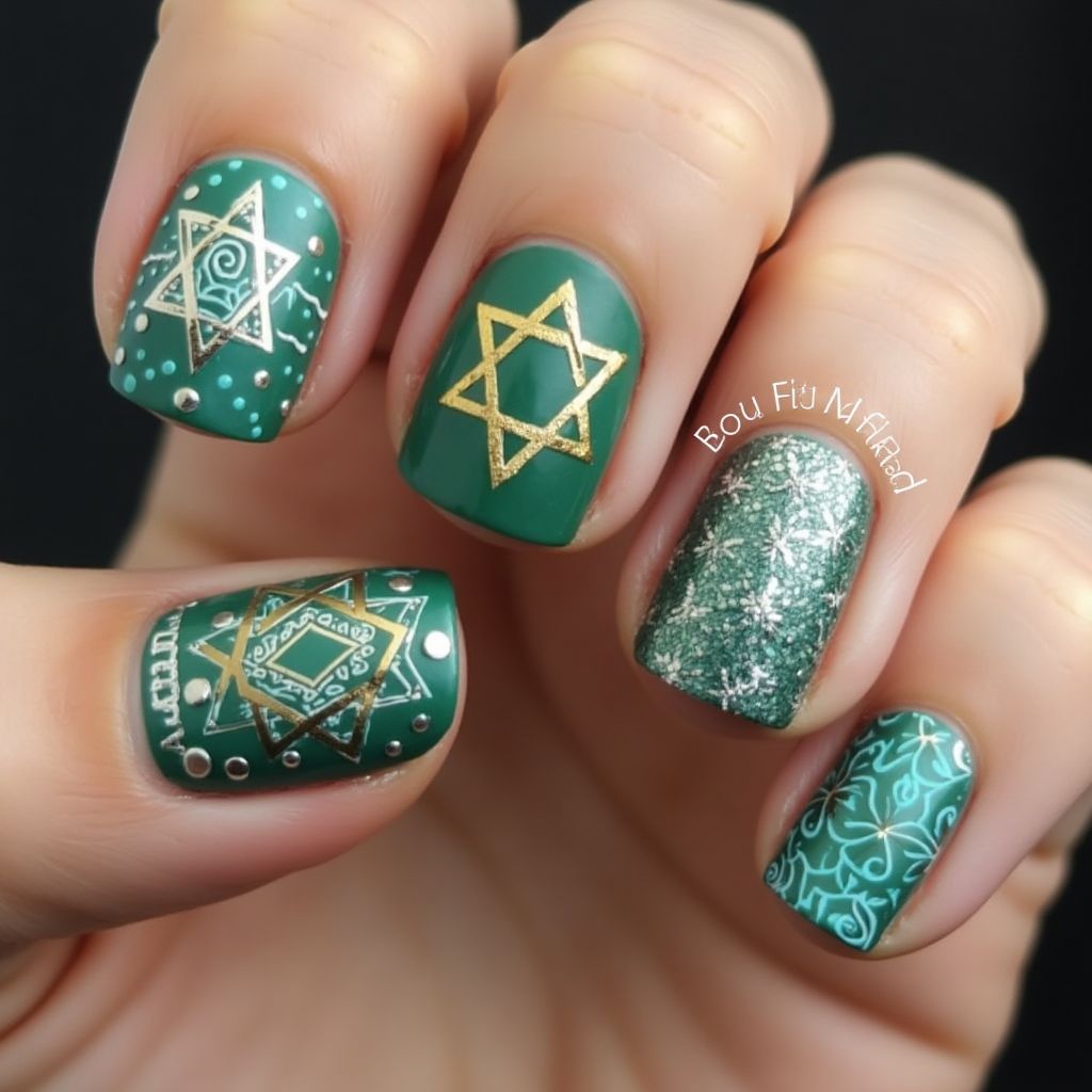 Emerald Green Hanukkah Nail Design