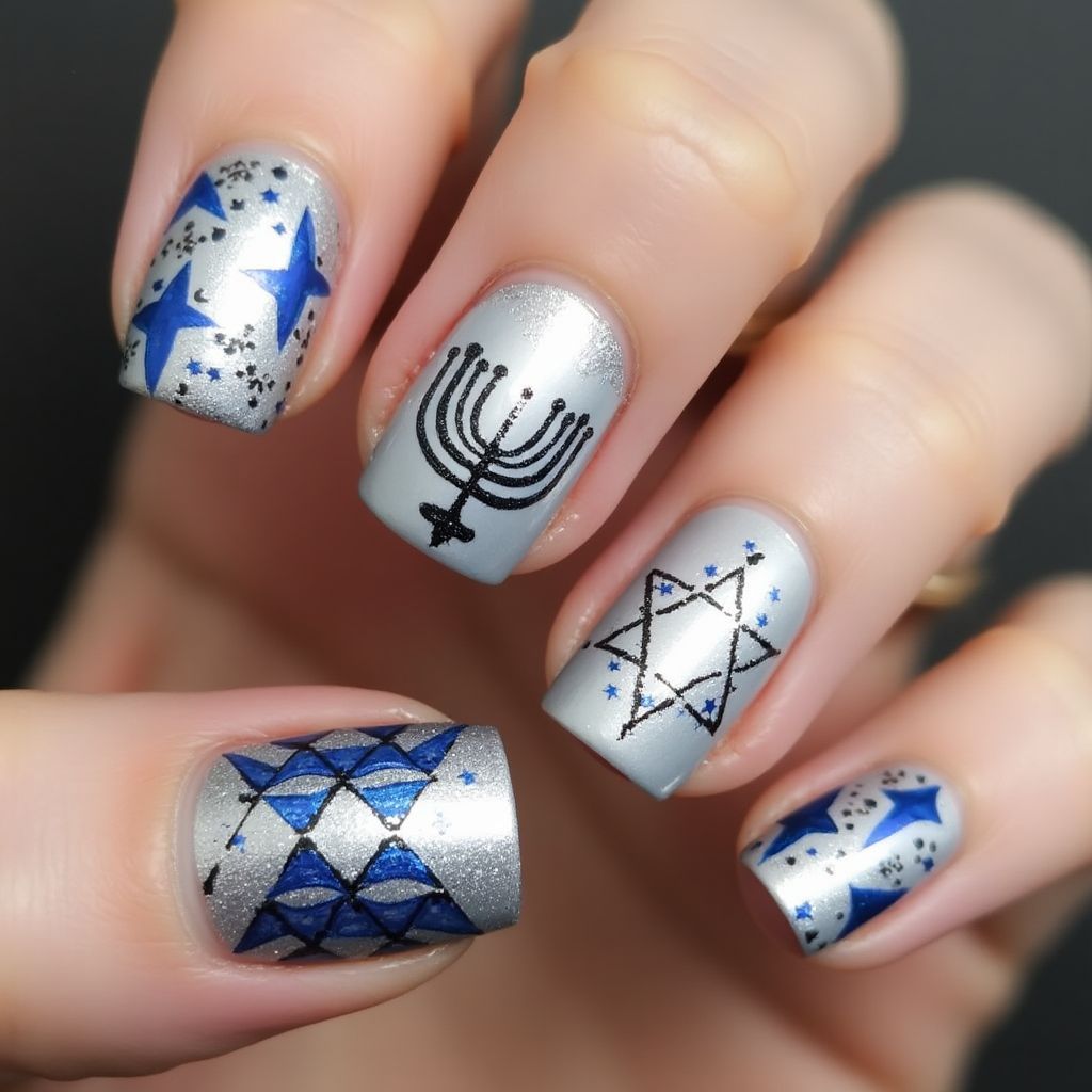 Silver Hanukkah Nail Design