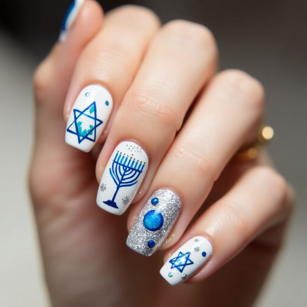 White Hanukkah Nail Design