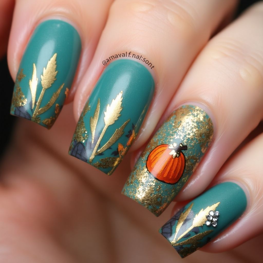 Teal Thanksgiving Nail Design