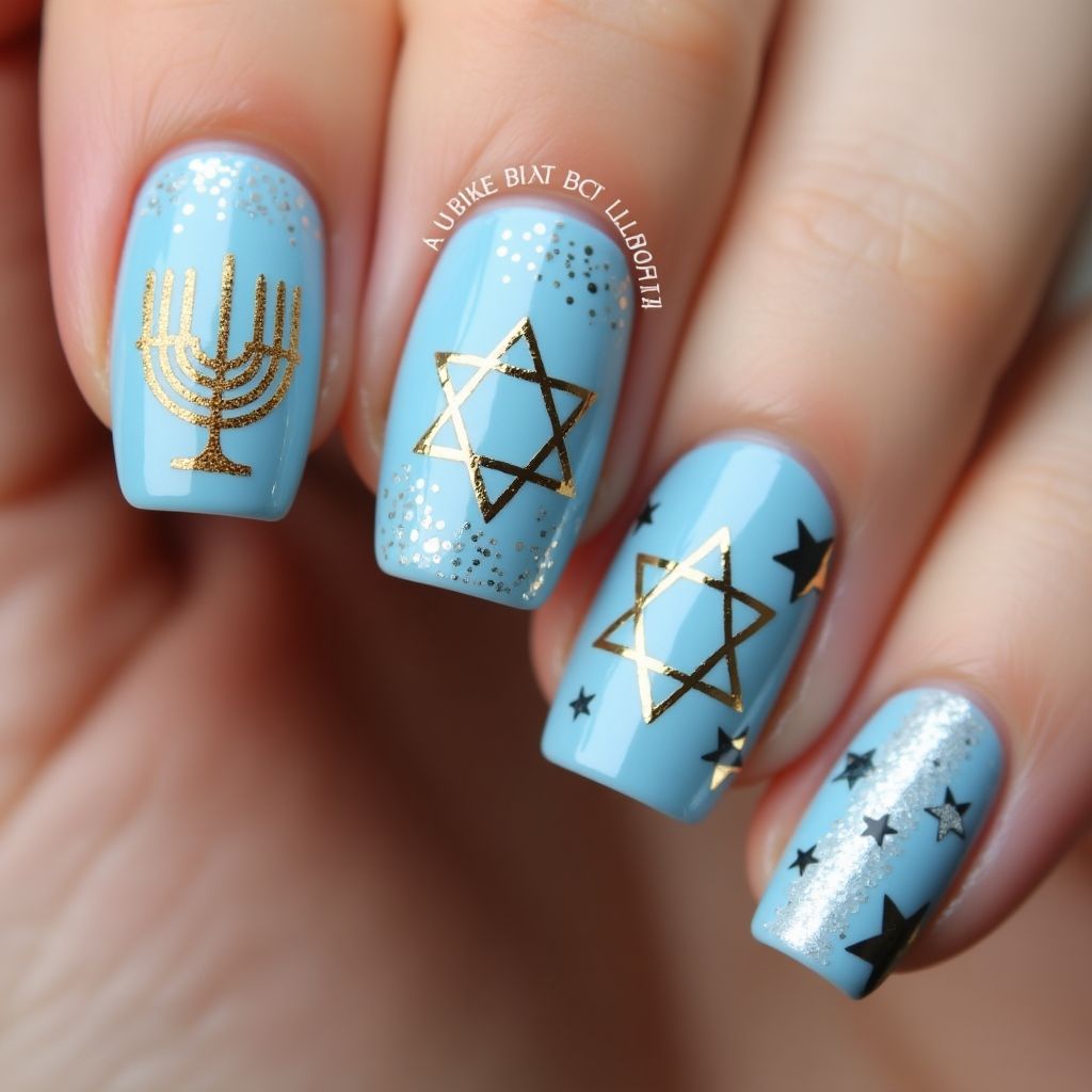 Sky Blue Hanukkah Nail Design