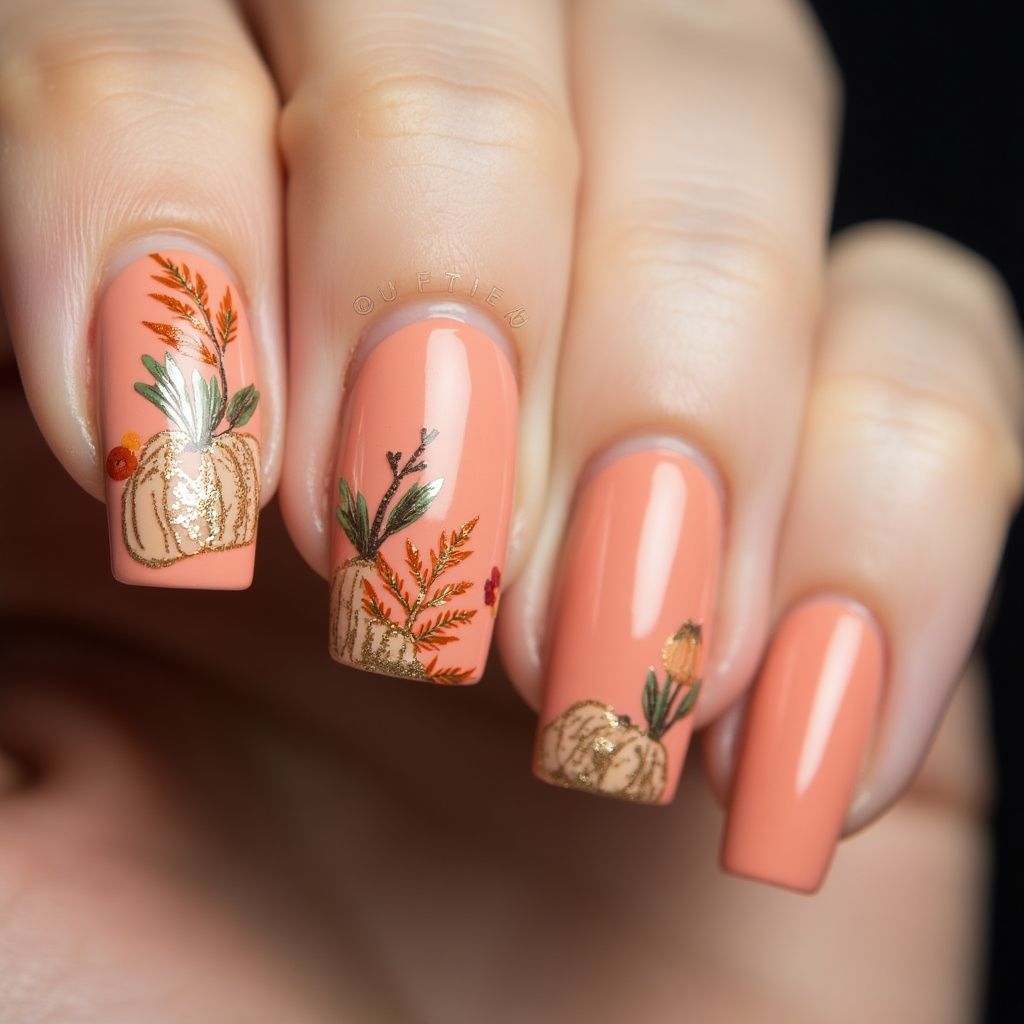 Peach Thanksgiving Nail Design