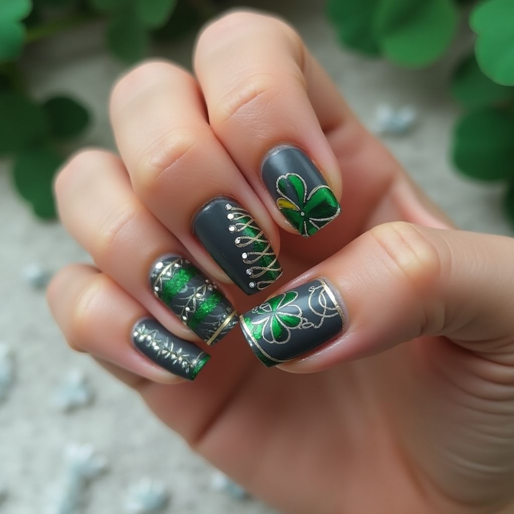 Charcoal Gray St Patrick's Day Nail Design