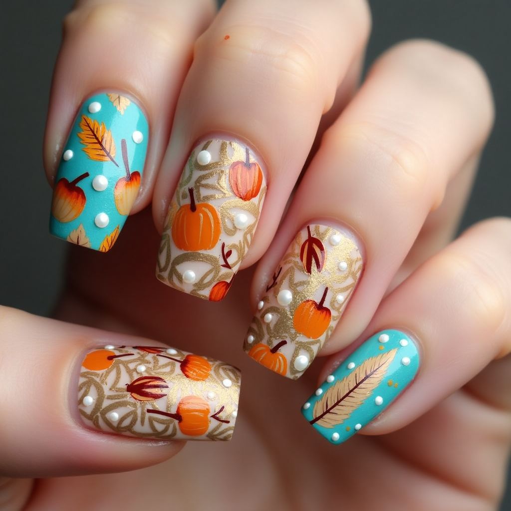 Turquoise Thanksgiving Nail Design