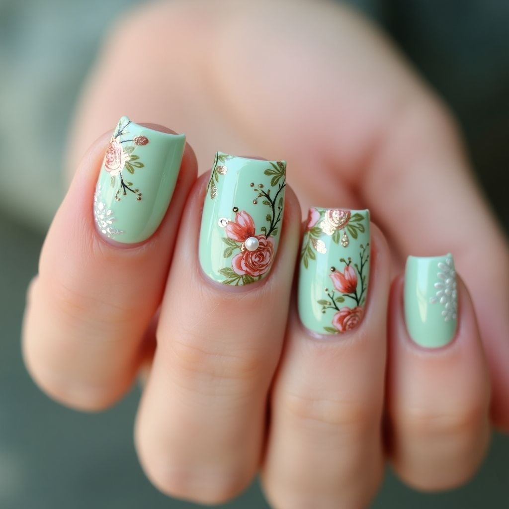 Mint Green Mother's Day Nail Design
