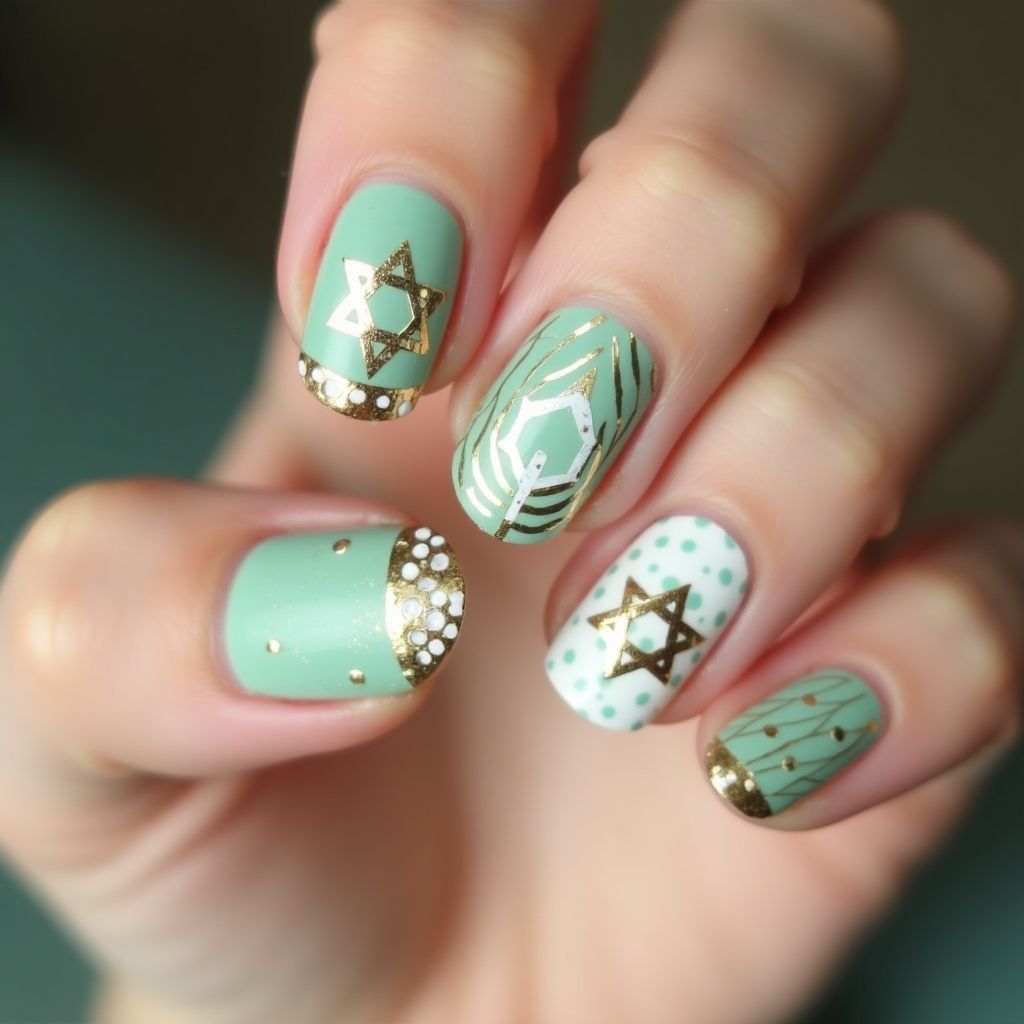 Mint Green Hanukkah Nail Design