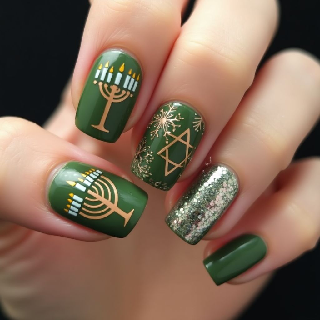 Olive Green Hanukkah Nail Design