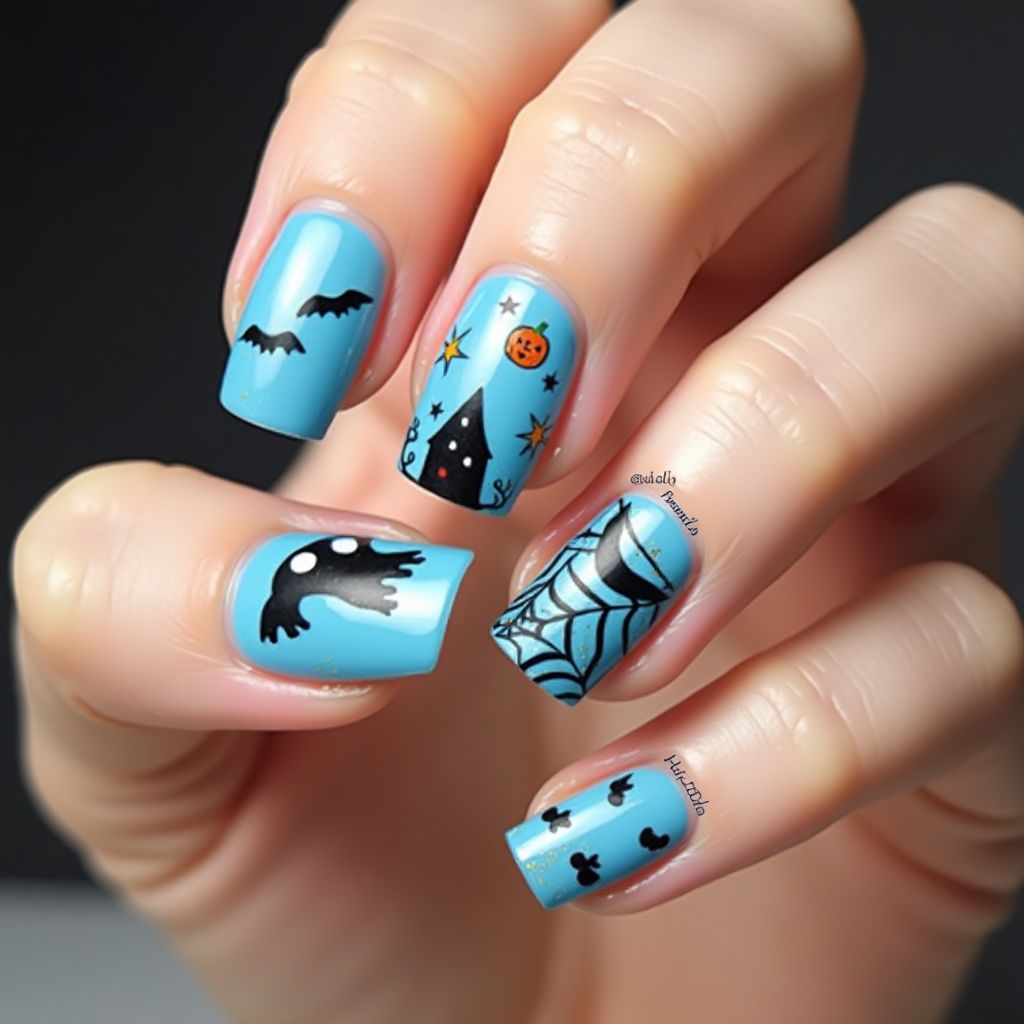 Baby Blue Halloween Nail Design