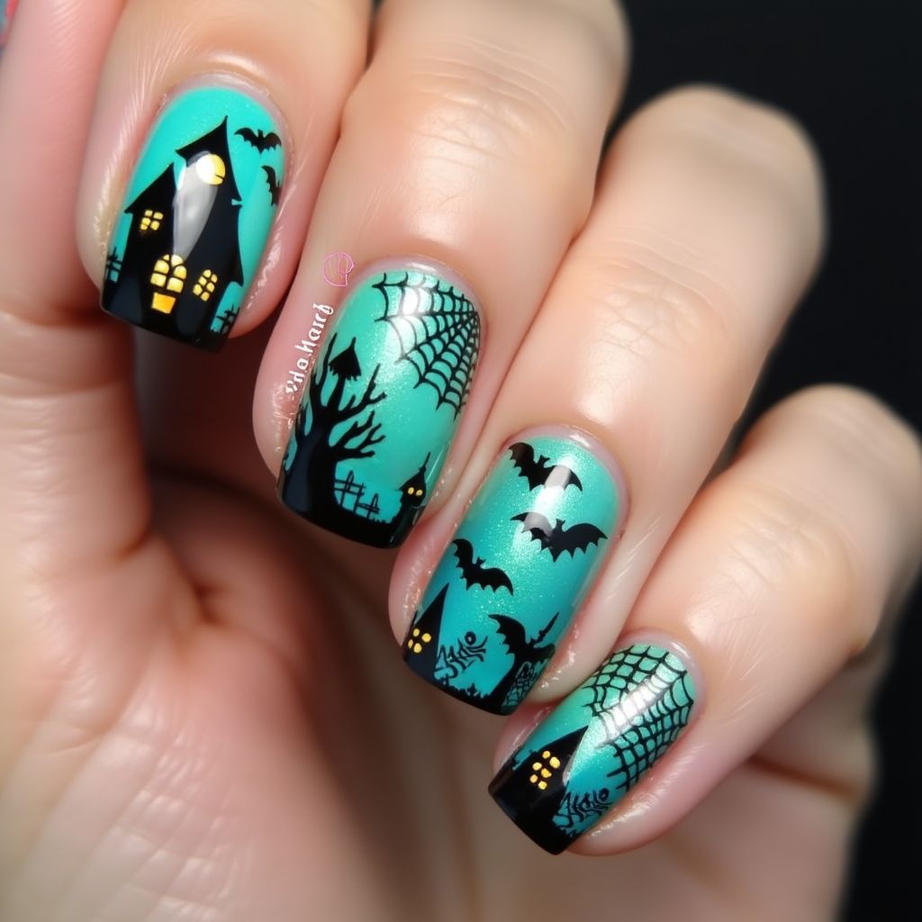 Teal Halloween Nail Design