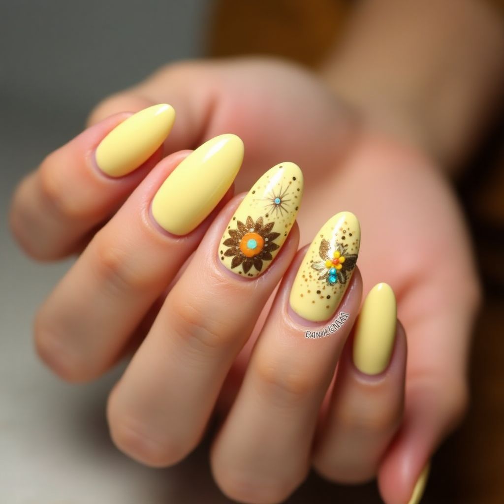Pastel Yellow Diwali Nail Design