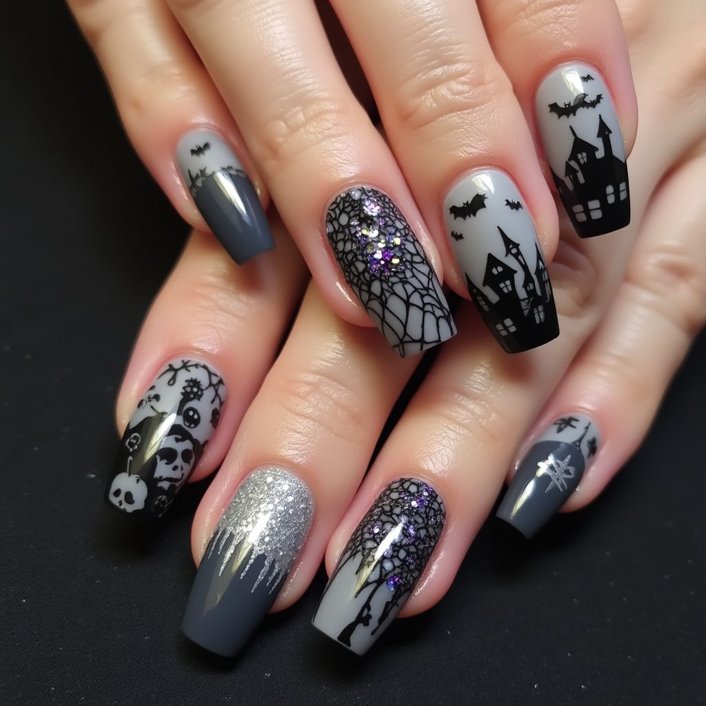 Charcoal Gray Halloween Nail Design