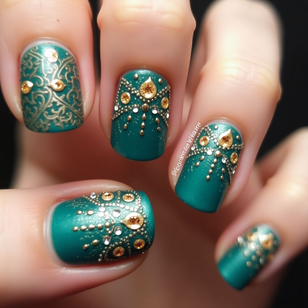 Teal Diwali Nail Design