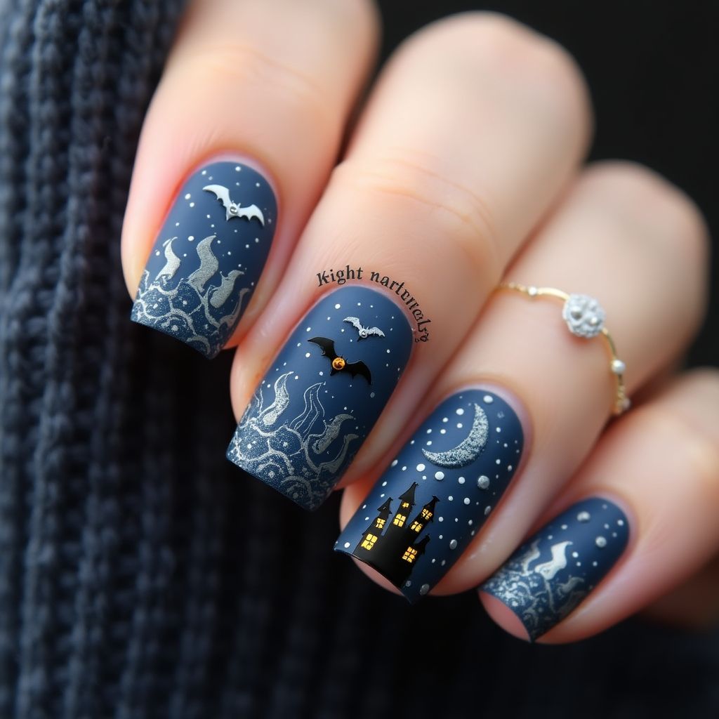 Navy Blue Halloween Nail Design