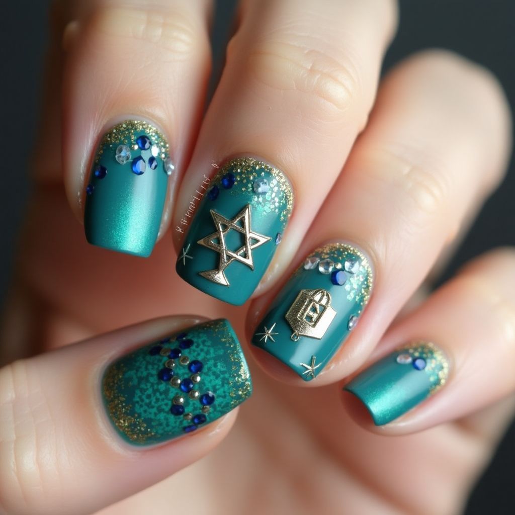 Teal Hanukkah Nail Design