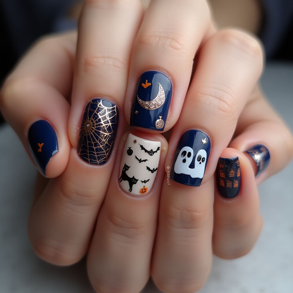 Navy Blue Halloween Nail Design