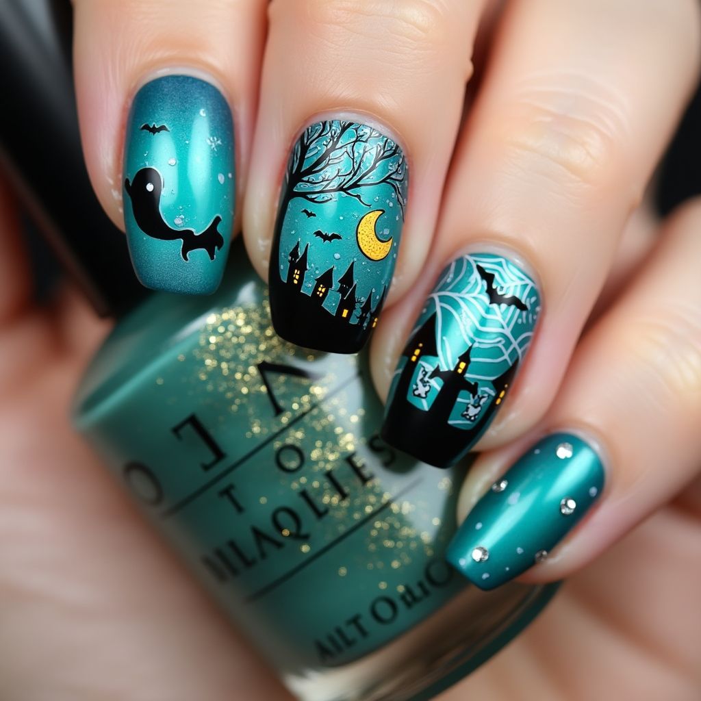 Turquoise Halloween Nail Design