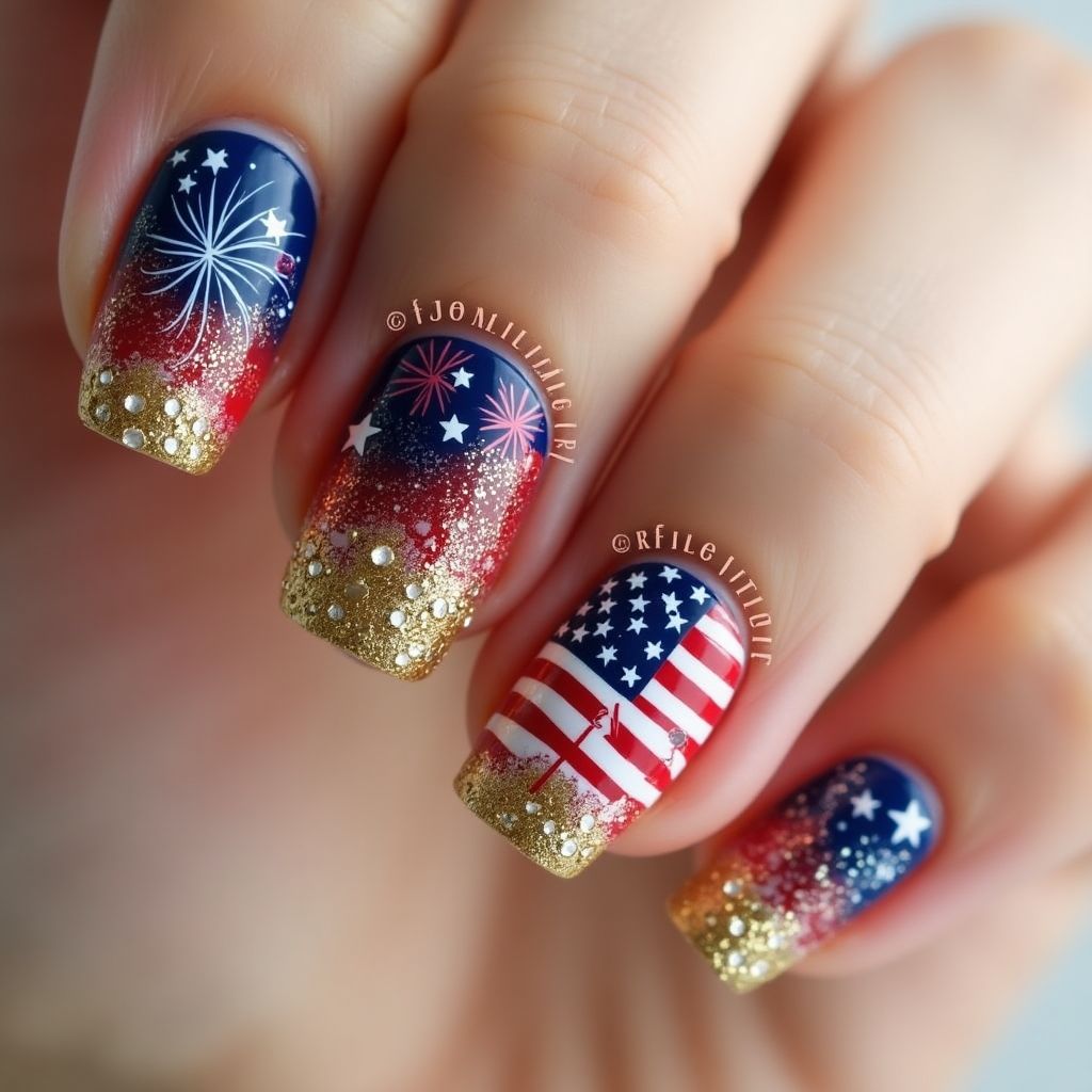 Gold 4th Of July Nail Design