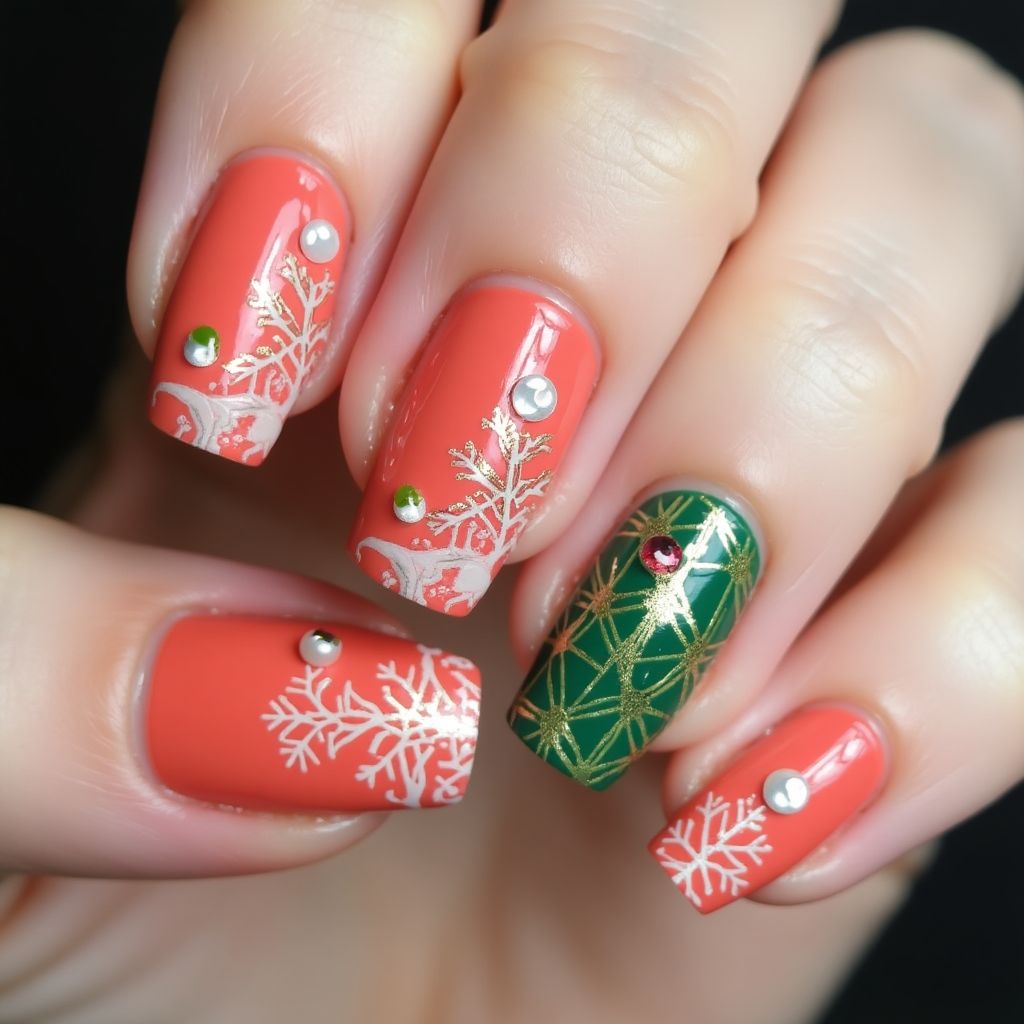 Coral Christmas Nail Design