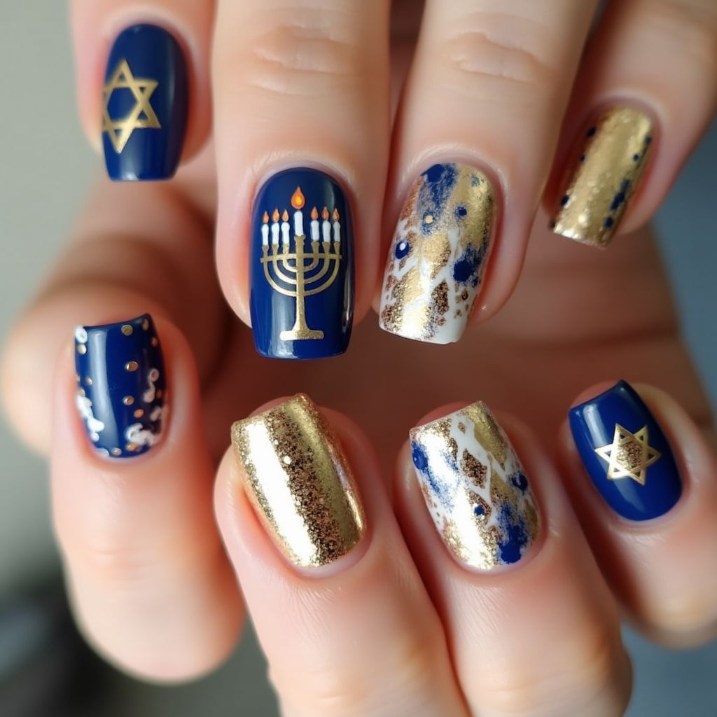 Gold Hanukkah Nail Design