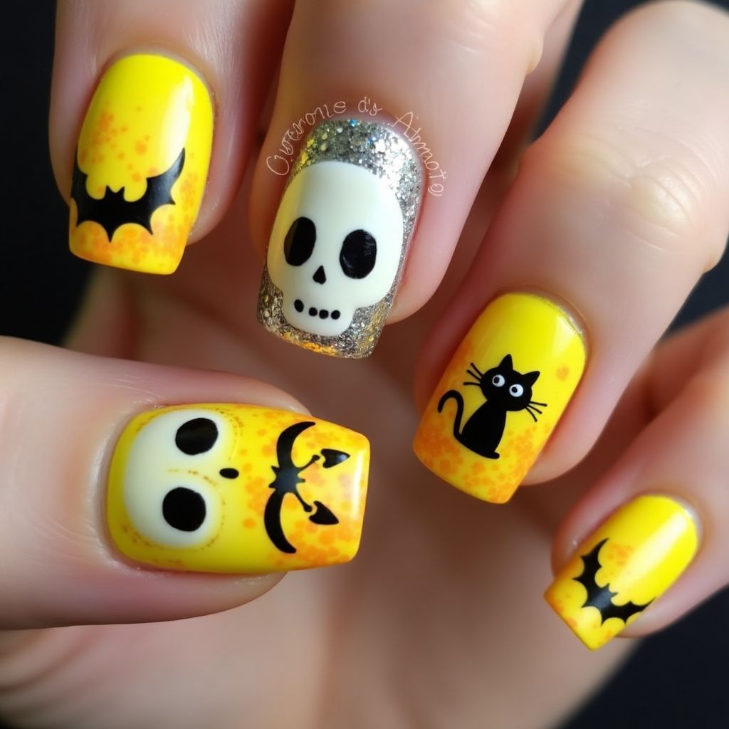 Yellow Halloween Nail Design