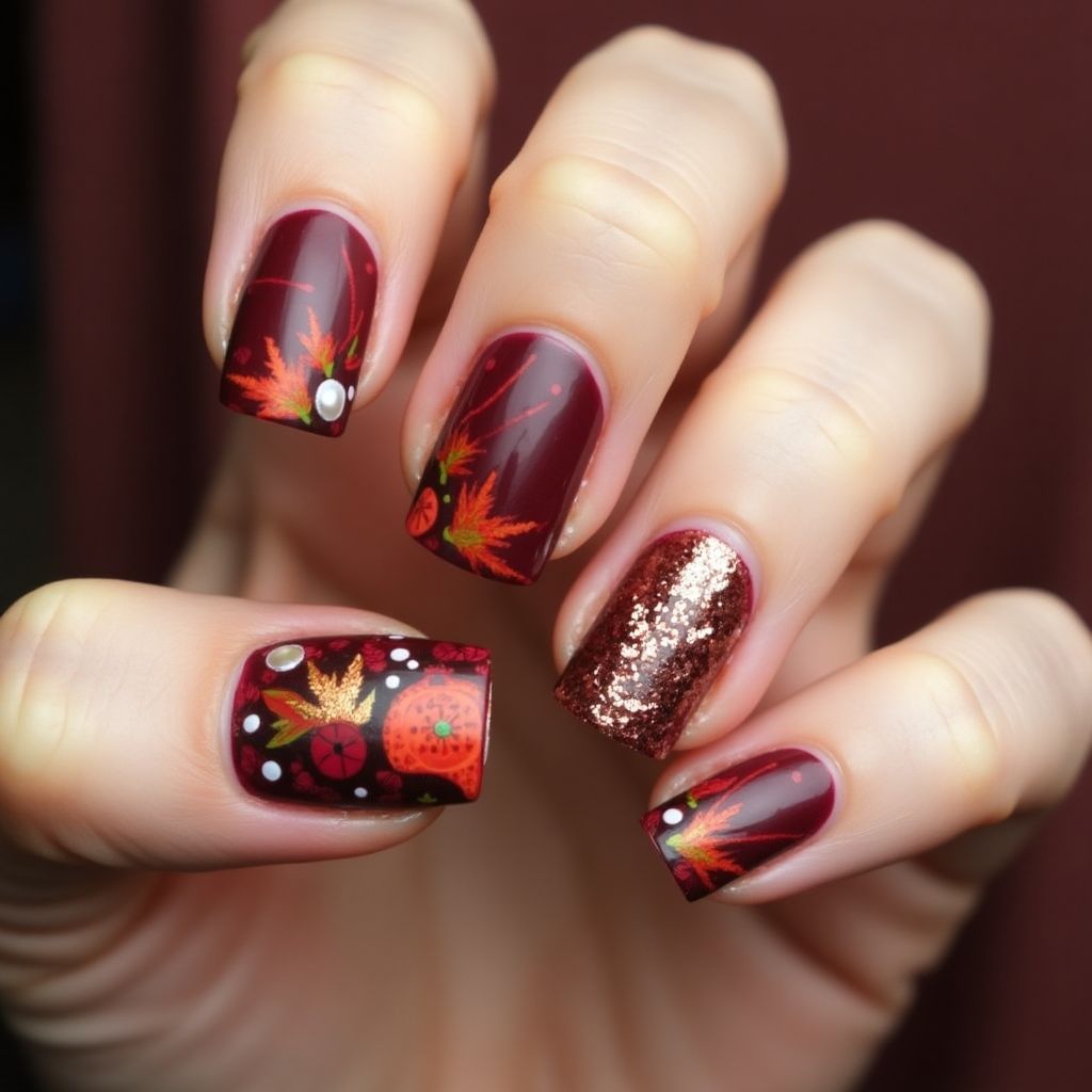 Burgundy Thanksgiving Nail Design
