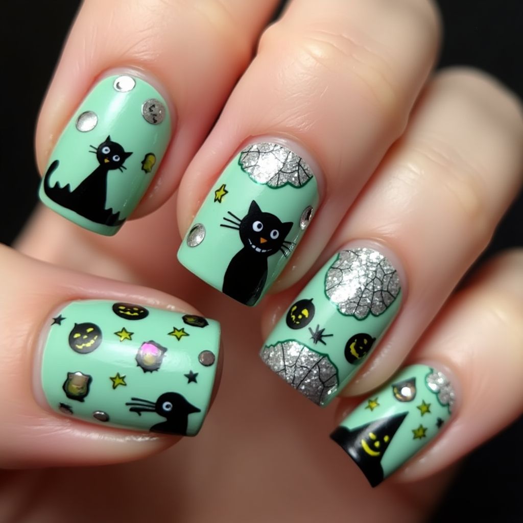 Mint Green Halloween Nail Design