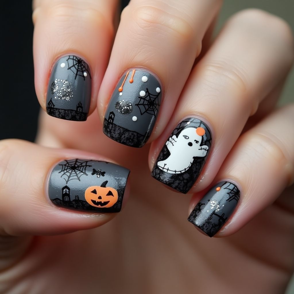 Charcoal Gray Halloween Nail Design