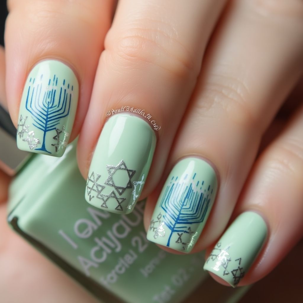 Pastel Green Hanukkah Nail Design
