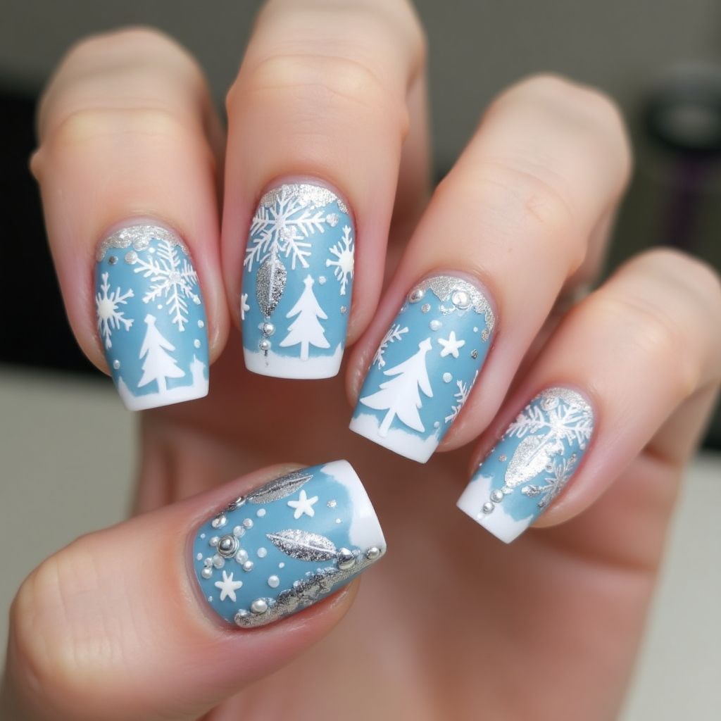 Sky Blue Christmas Nail Design