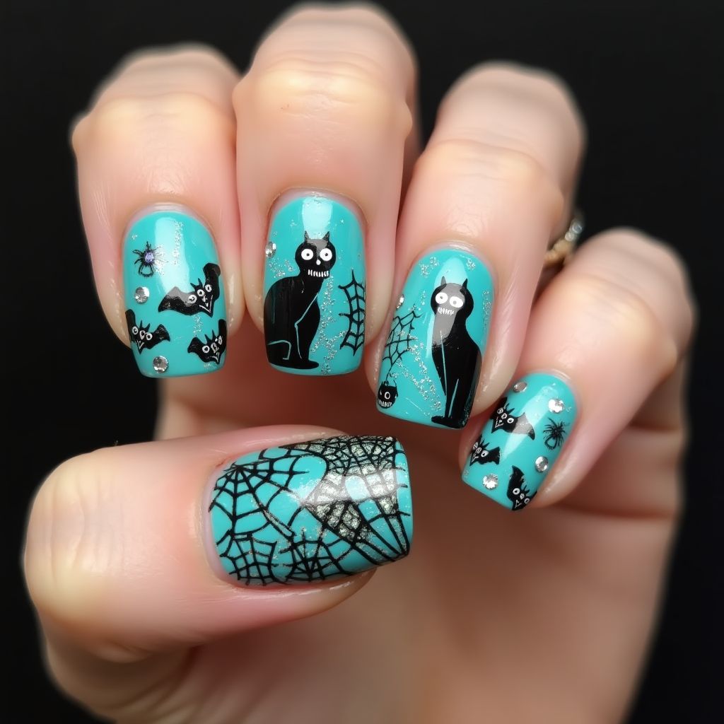 Turquoise Halloween Nail Design