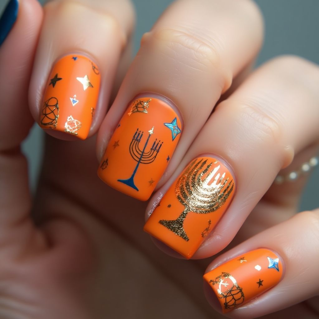 Orange Hanukkah Nail Design