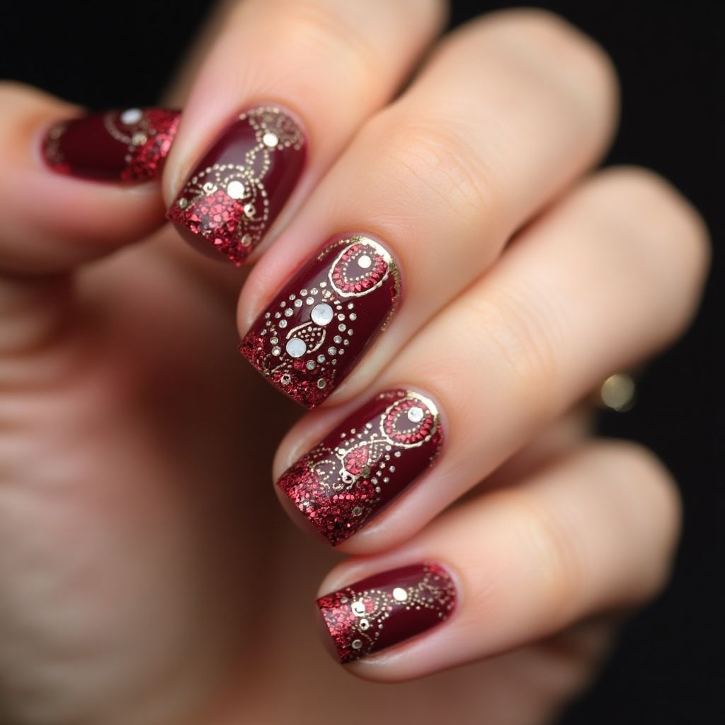Burgundy Diwali Nail Design