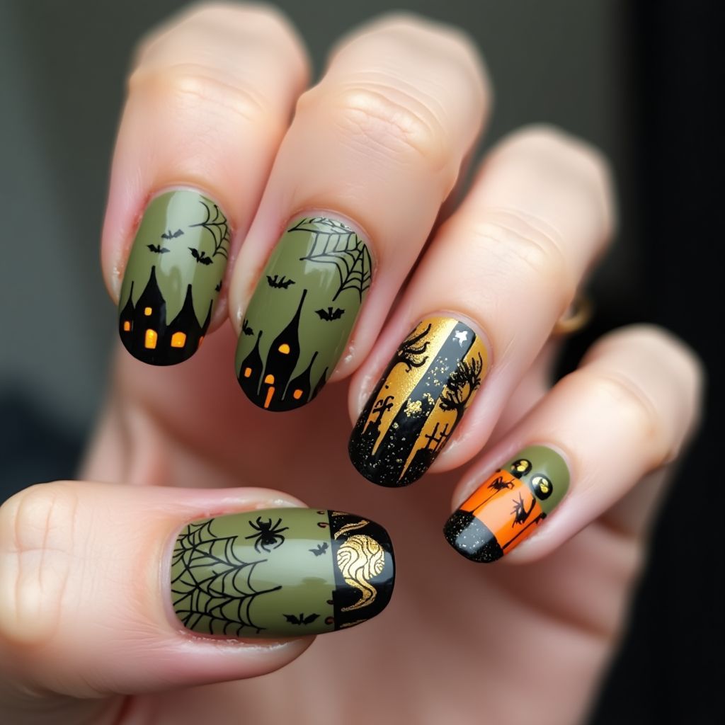 Olive Green Halloween Nail Design