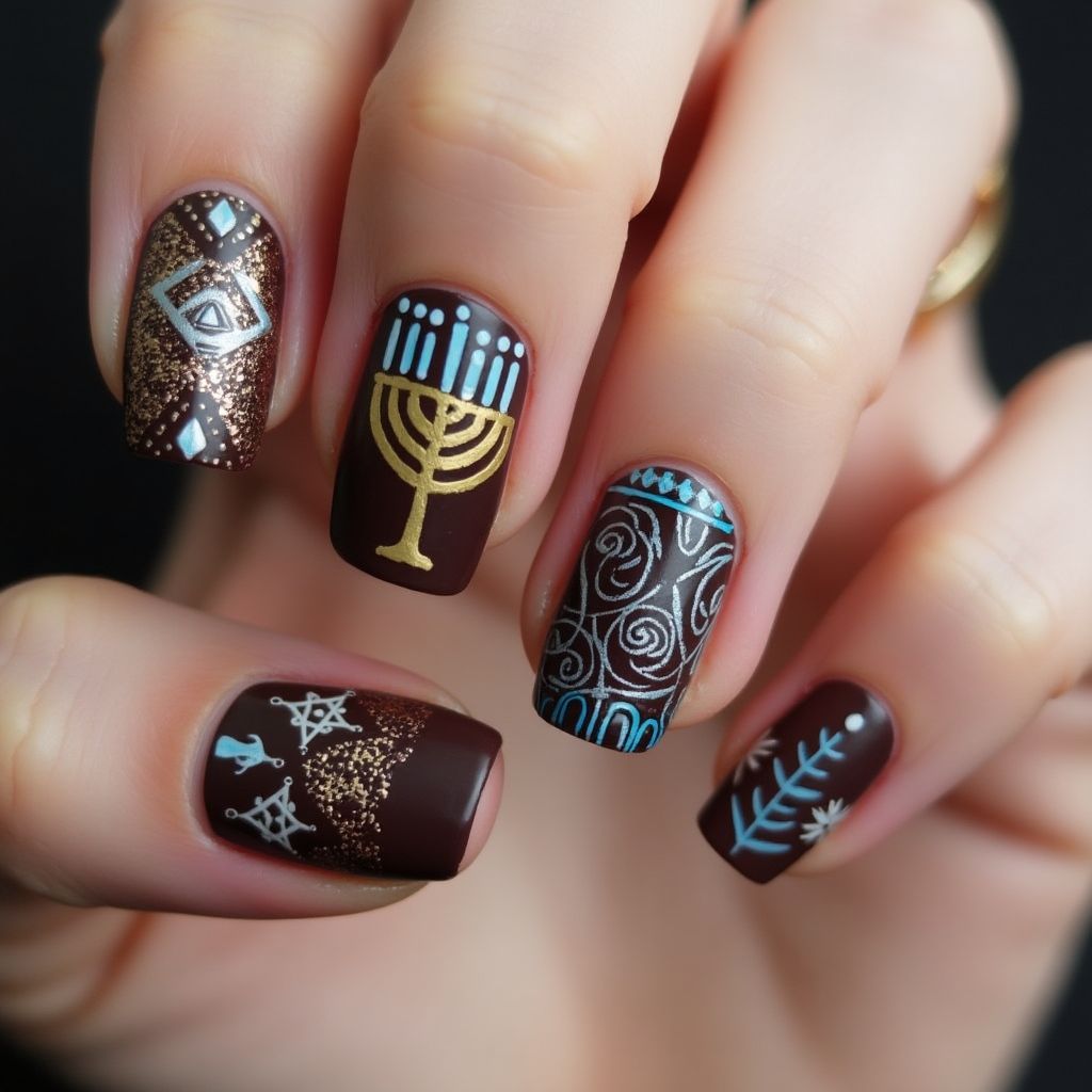 Chocolate Brown Hanukkah Nail Design