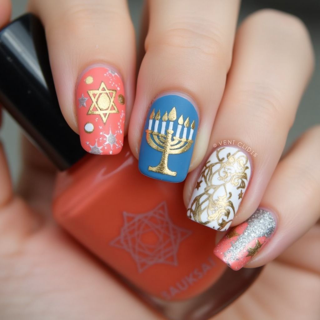 Coral Hanukkah Nail Design