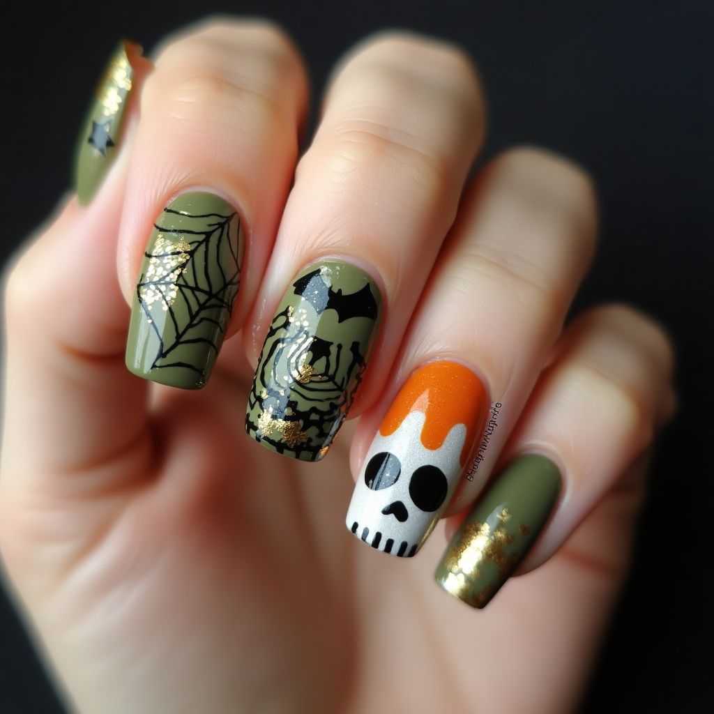 Olive Green Halloween Nail Design