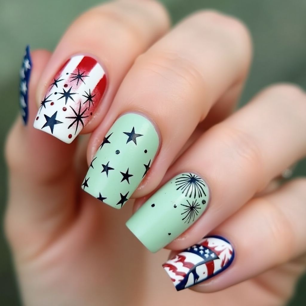 Pastel Green 4th Of July Nail Design