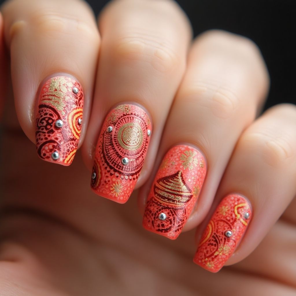 Coral Diwali Nail Design