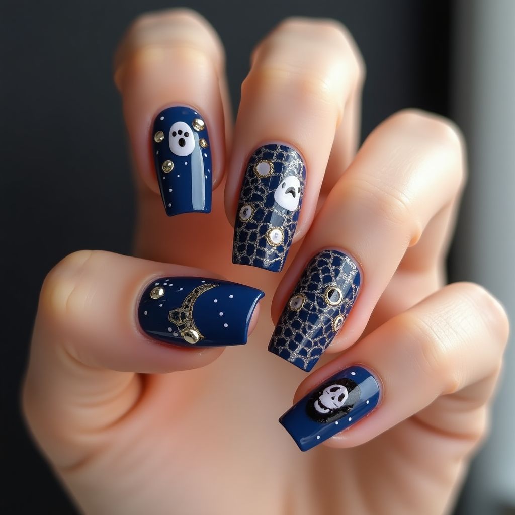 Navy Blue Halloween Nail Design