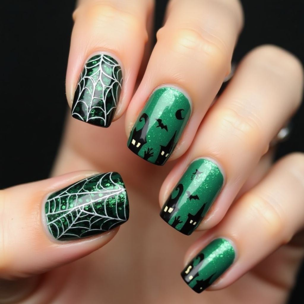 Emerald Green Halloween Nail Design
