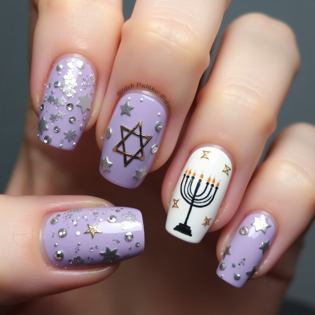 Lavender Hanukkah Nail Design