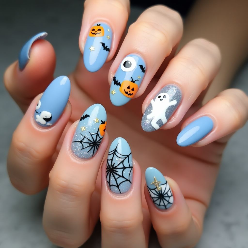 Pastel Blue Halloween Nail Design