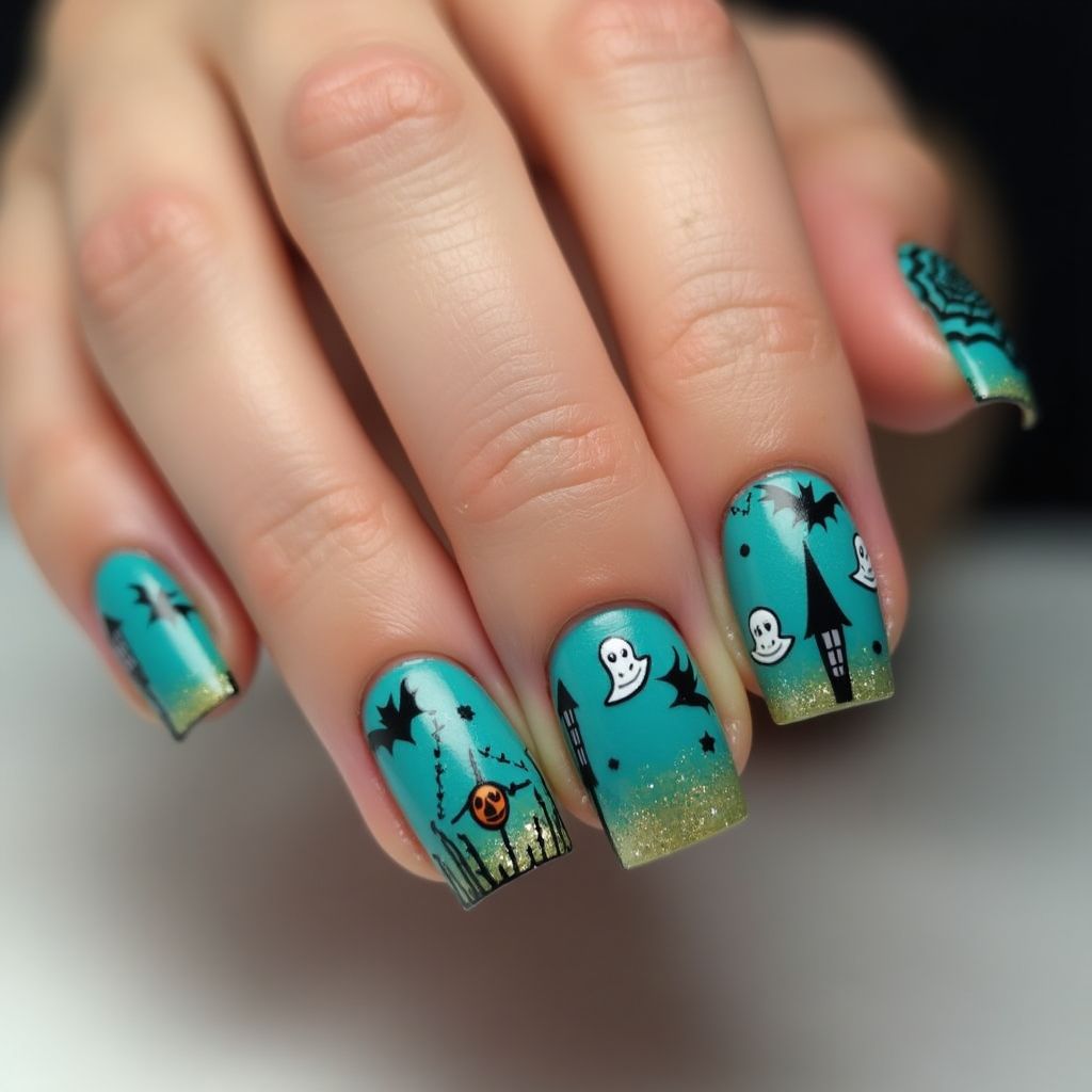 Turquoise Halloween Nail Design