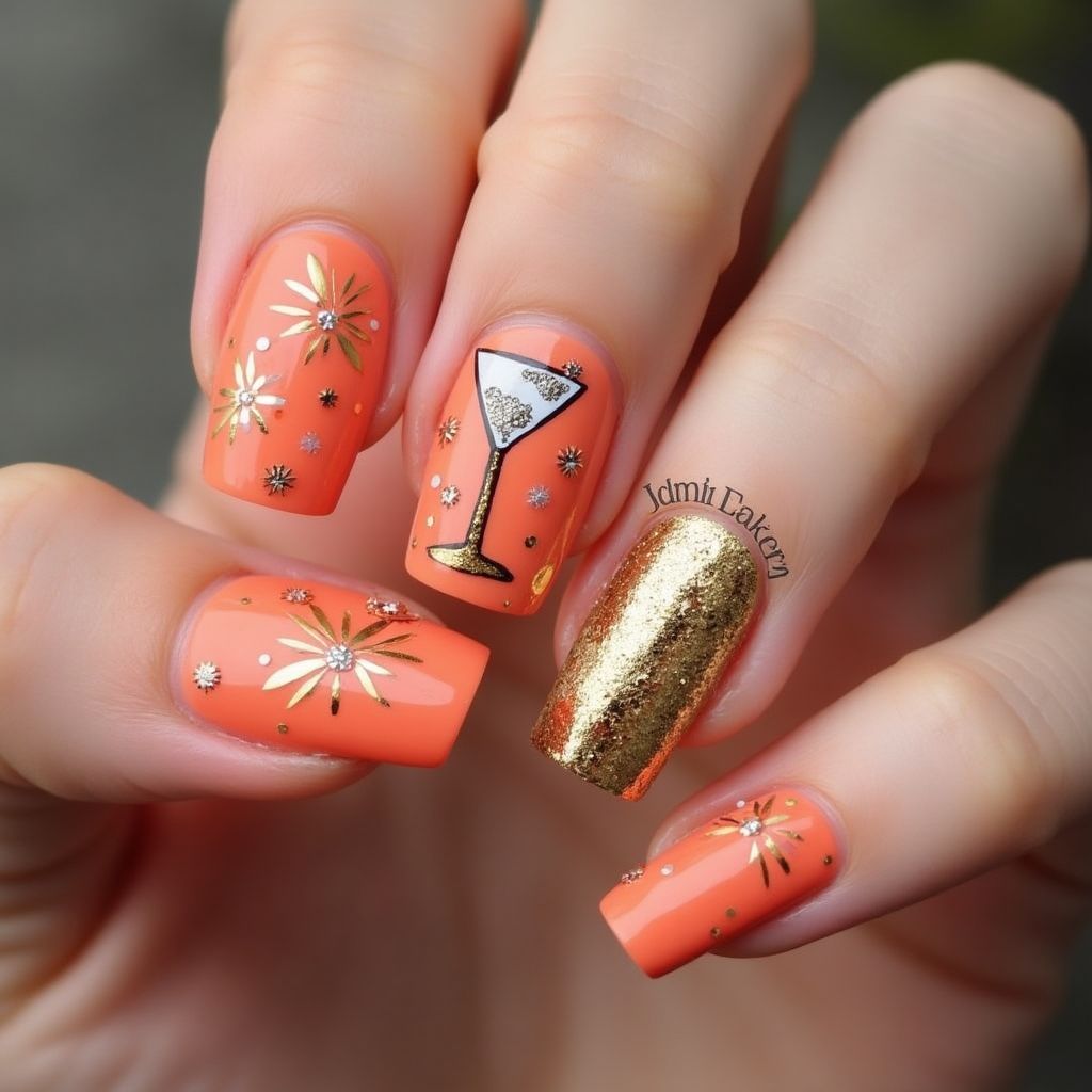 Coral New Year Nail Design