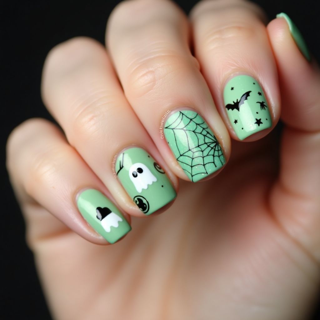 Pastel Green Halloween Nail Design